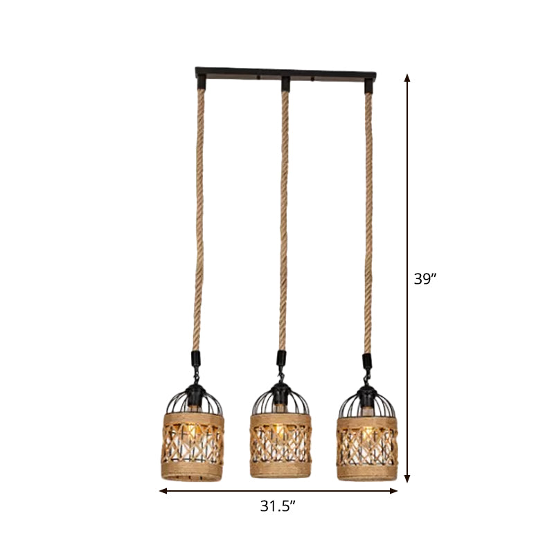 Lodge Birdcage Pendant Light Kit – Criss-Cross Woven Rope, Brown – 3/6 Heads Cluster – Round/Linear Canopy