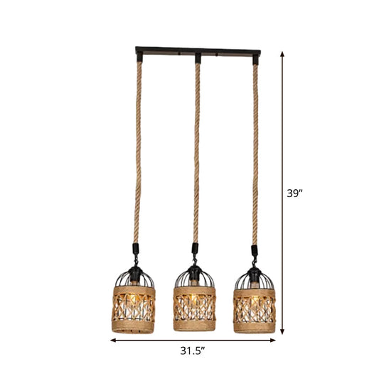 Cluster Pendant Light With Birdcage Design And Woven Rope In Brown - Available 3 Or 6 Heads