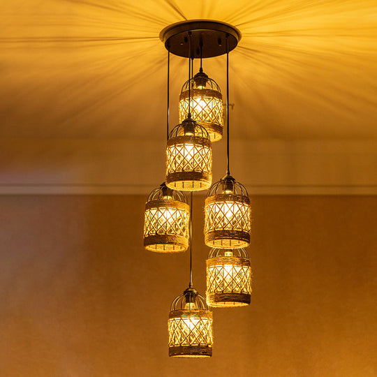 Cluster Pendant Light With Birdcage Design And Woven Rope In Brown - Available 3 Or 6 Heads / Round