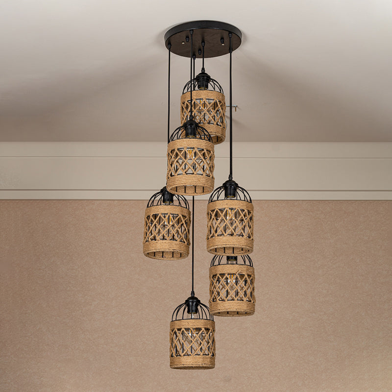 Lodge Birdcage Pendant Light Kit – Criss-Cross Woven Rope, Brown – 3/6 Heads Cluster – Round/Linear Canopy