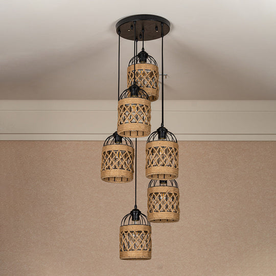 Cluster Pendant Light With Birdcage Design And Woven Rope In Brown - Available 3 Or 6 Heads