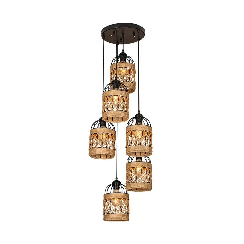 Cluster Pendant Light With Birdcage Design And Woven Rope In Brown - Available 3 Or 6 Heads