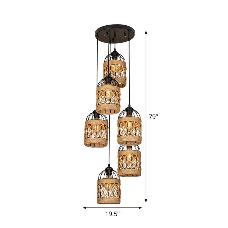 Cluster Pendant Light With Birdcage Design And Woven Rope In Brown - Available 3 Or 6 Heads