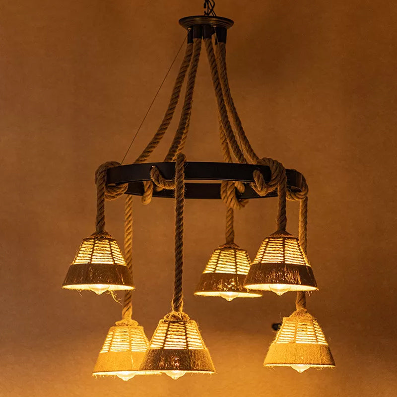 Carillon Cottage Brown Rope Pendant Chandelier - 6 Lights - Ideal for Restaurants