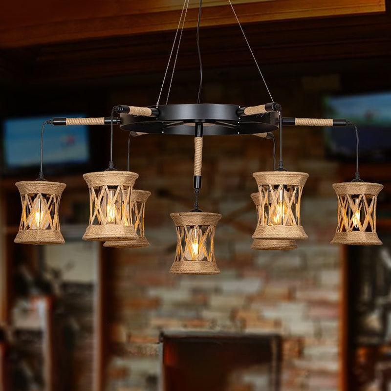 Brown X-Woven Rope Cylinder Pendant Lamp: Farmhouse 7-Light Chandelier With Wheel Design For Dining