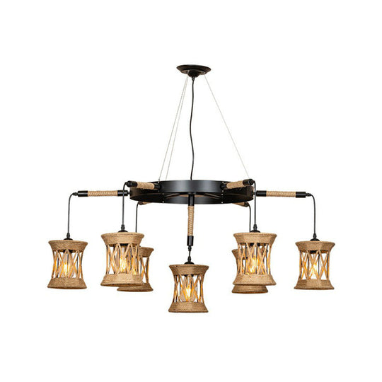 Brown X-Woven Rope Cylinder Pendant Lamp: Farmhouse 7-Light Chandelier With Wheel Design For Dining