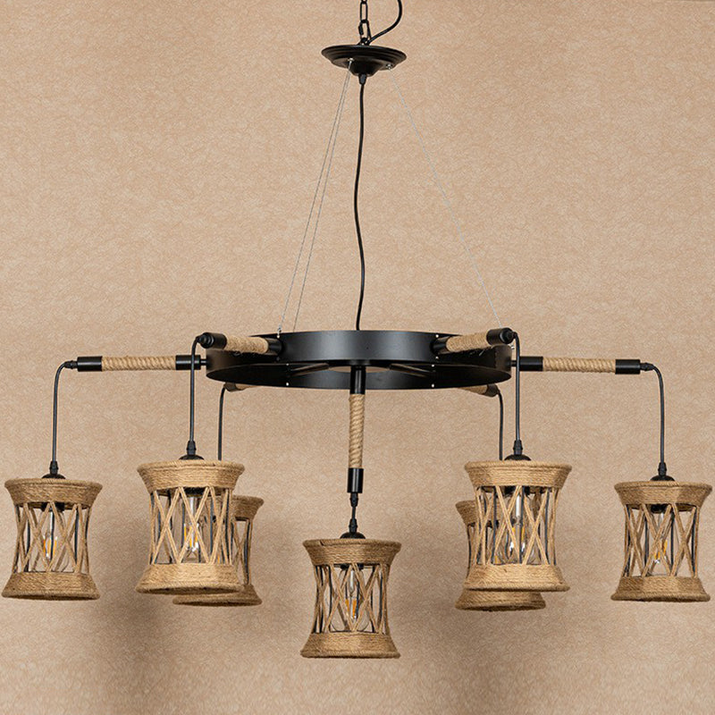 Woven Rope 7-Light Cylinder Pendant Chandelier with Wheel Design - Farmhouse Dining Room Ceiling Lamp in Brown