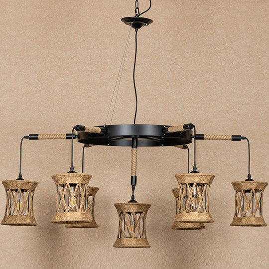 Brown X-Woven Rope Cylinder Pendant Lamp: Farmhouse 7-Light Chandelier With Wheel Design For Dining