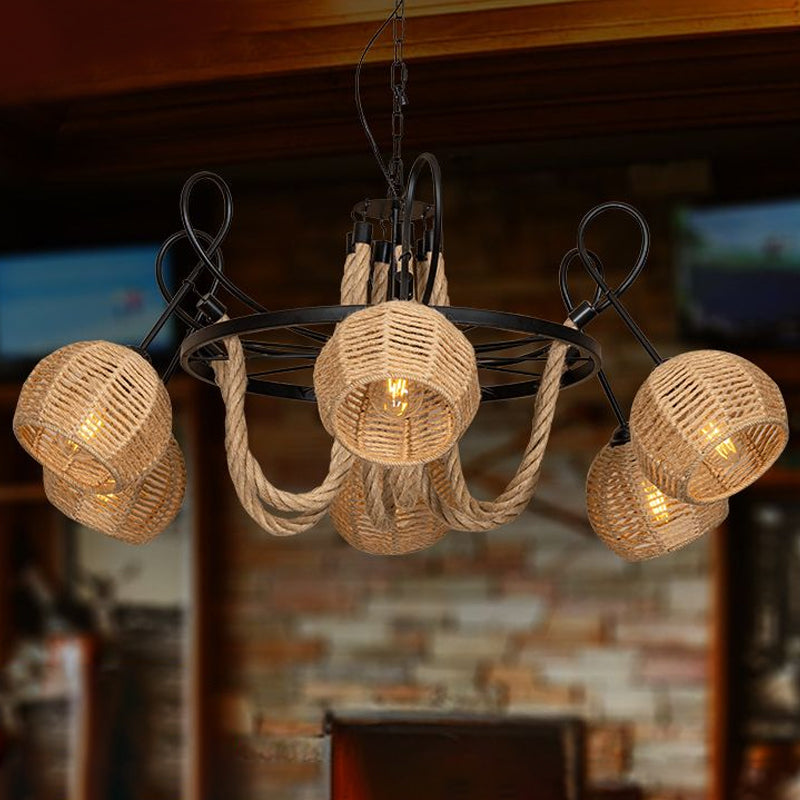 Rustic 6-Head Iron Chandelier With Dome Roped Shade - Farmhouse Wheel Pendant Light In Brown