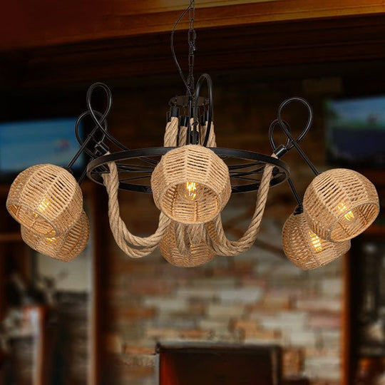 Rustic 6-Head Iron Chandelier With Dome Roped Shade - Farmhouse Wheel Pendant Light In Brown