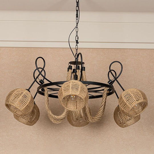 Rustic 6-Head Iron Chandelier with Brown Roped Dome Shade