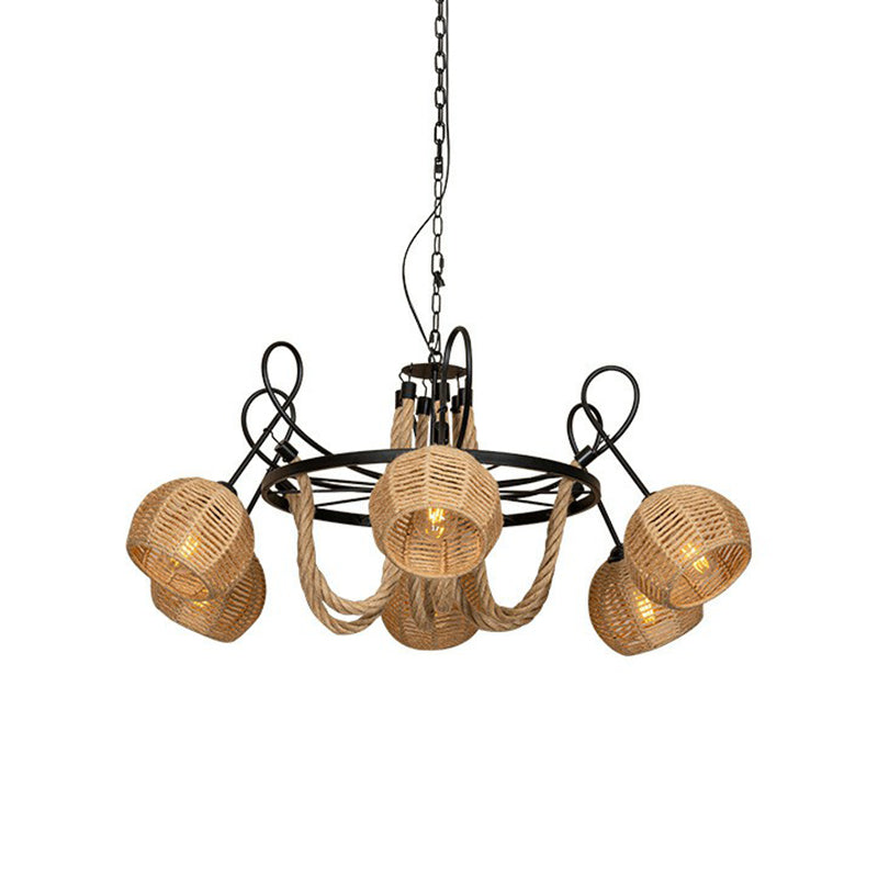 Rustic 6-Head Iron Chandelier with Brown Roped Dome Shade