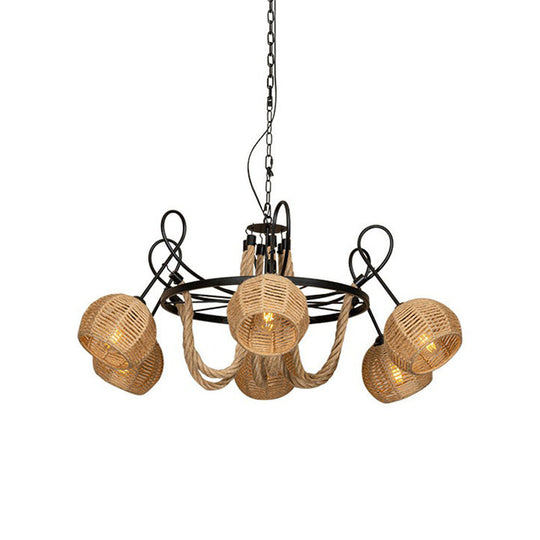 Rustic 6-Head Iron Chandelier with Brown Roped Dome Shade