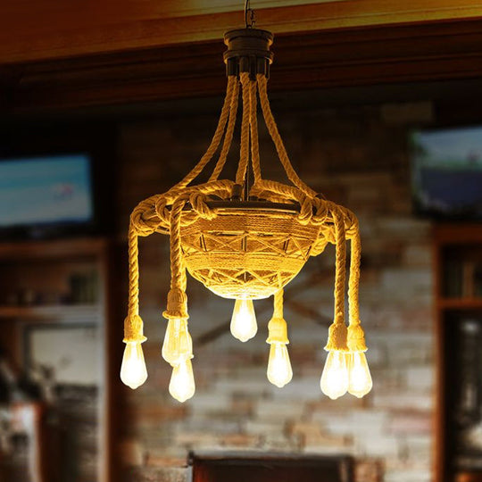 Country Style Rope Bowl Pendant Chandelier with Bare Bulb Design, Brown - 6 Heads Hanging Light for Dining Room