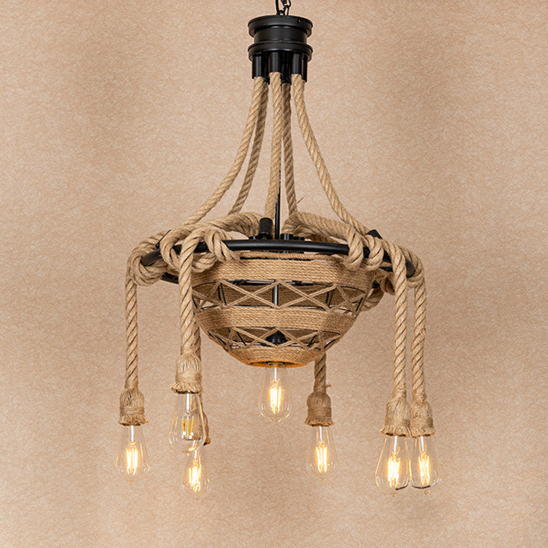 Country Style Rope Bowl Pendant Chandelier with Bare Bulb Design, Brown - 6 Heads Hanging Light for Dining Room