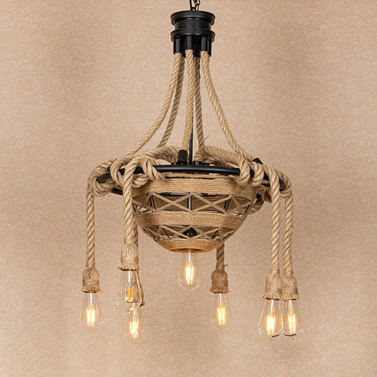 Rustic 6-Light Rope Bowl Pendant Chandelier For Dining Room - Country Style Hanging Light With Bare