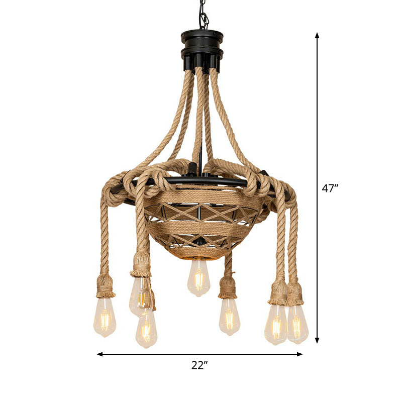 Country Style Rope Bowl Pendant Chandelier with Bare Bulb Design, Brown - 6 Heads Hanging Light for Dining Room