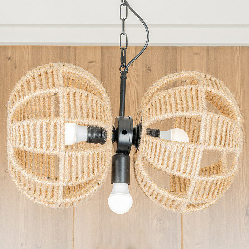 Farmhouse Brown Rope Chandelier Lamp - 3-Light Double Melon Suspension Pendant