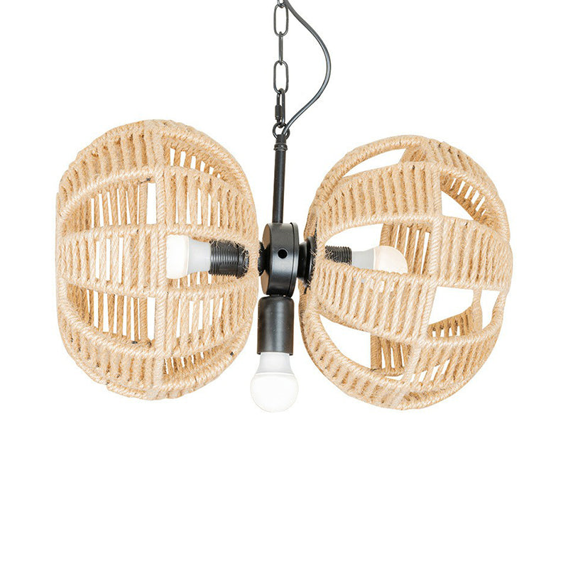 Farmhouse Brown Rope Chandelier Lamp - 3-Light Double Melon Suspension Pendant