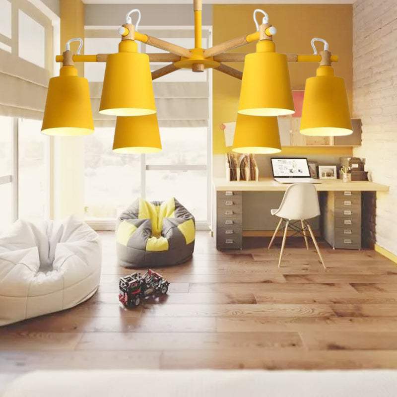 Metal Macaroon Hanging Lamp With Tapered Shade - Stylish Lighting Fixture For Living Room Yellow