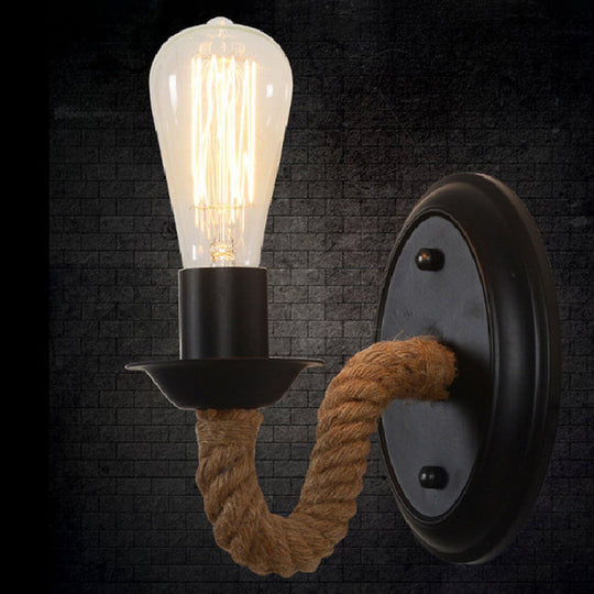 Black Wall Light With Curved Rope Arm - Lodge Metal Oval/Round Backplate And 1 Bulb