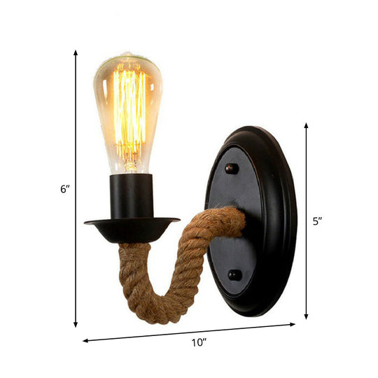 Black Wall Light With Curved Rope Arm - Lodge Metal Oval/Round Backplate And 1 Bulb