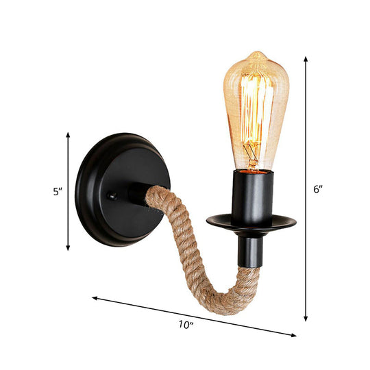 Black Wall Light With Curved Rope Arm - Lodge Metal Oval/Round Backplate And 1 Bulb