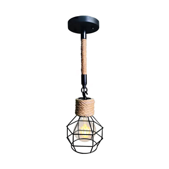 Rustic Wire Cage Adjustable Drop Pendant In Black-Brown Ceiling Hang Light With Rope Accent Lighting