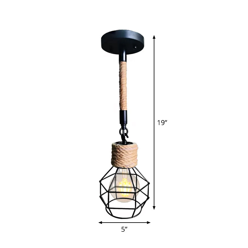 Rustic Wire Cage Adjustable Drop Pendant in Black-Brown Ceiling Hang Light with Rope Accent