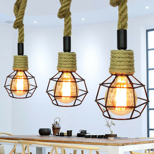 Rustic Mini Pendant Lamp With Iron Cage And Rope Accent - Perfect For Rural Wine Bars Brown