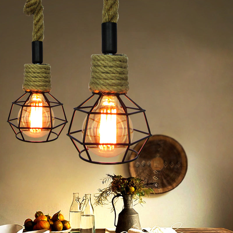 Pendulum Light with Iron Cage and Rope Accent in Brown - Perfect for Rural Wine Bars