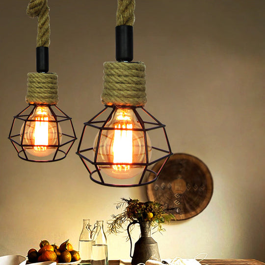 Rustic Mini Pendant Lamp With Iron Cage And Rope Accent - Perfect For Rural Wine Bars