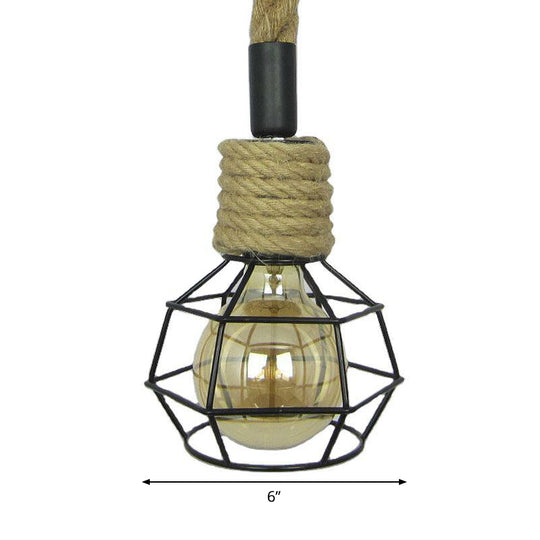 Rustic Mini Pendant Lamp With Iron Cage And Rope Accent - Perfect For Rural Wine Bars