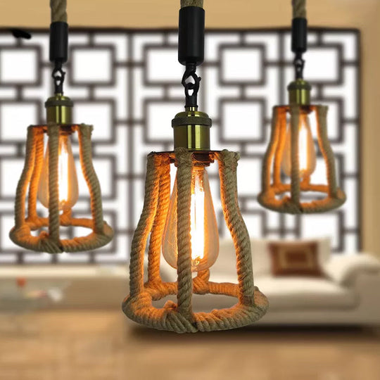 Rustic Brown Cage Pendant: 1-Bulb Natural Fiber Rope Suspension Lighting for Sitting Rooms