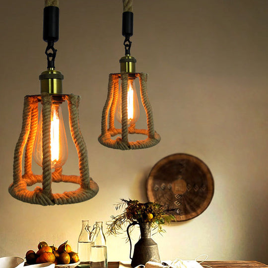 Rustic Brown Cage Pendant: 1-Bulb Natural Fiber Rope Suspension Lighting for Sitting Rooms