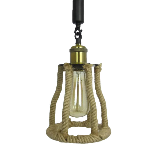 Rustic Brown Cage Pendant: 1-Bulb Natural Fiber Rope Suspension Lighting for Sitting Rooms