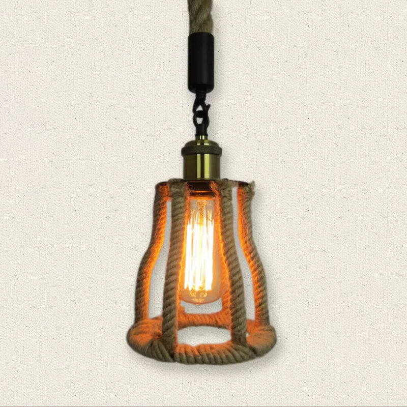 Rustic Brown Cage Pendant: 1-Bulb Natural Fiber Rope Suspension Lighting for Sitting Rooms