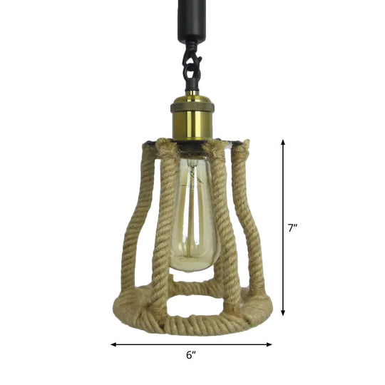 Rustic Brown Cage Pendant: 1-Bulb Natural Fiber Rope Suspension Lighting for Sitting Rooms