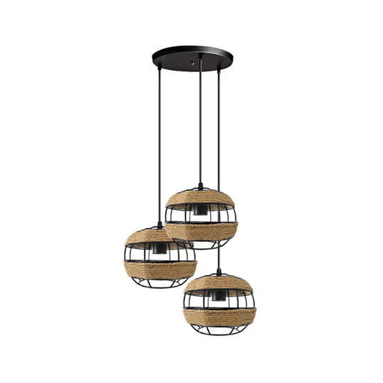 3-Light Jute Rope Pendant Lamp With Countryside Charm For Open Kitchen Ceiling In Brown / Round