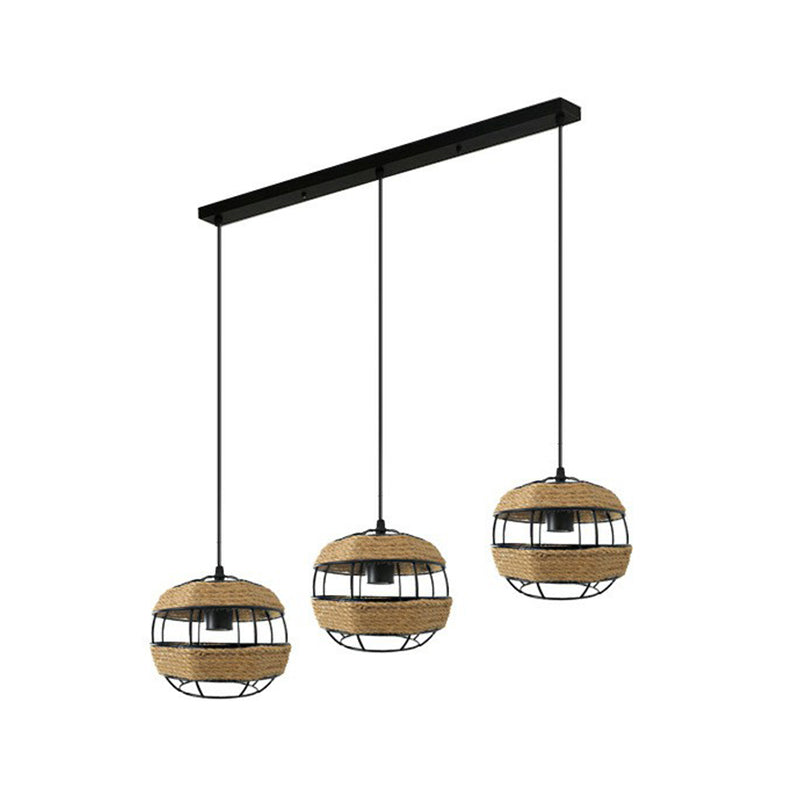 3-Light Jute Rope Pendant Lamp With Countryside Charm For Open Kitchen Ceiling In Brown / Linear