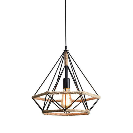 Industrial Bistro Hanging Lamp - Single Bulb Drop Pendant with Diamond Roped Cage in Black - 10"/15"/18" Width