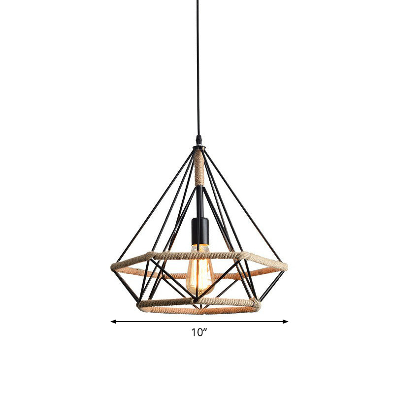 Industrial Bistro Hanging Lamp - Single Bulb Drop Pendant with Diamond Roped Cage in Black - 10"/15"/18" Width