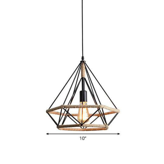 Industrial Bistro Hanging Lamp - Single Bulb Drop Pendant with Diamond Roped Cage in Black - 10"/15"/18" Width