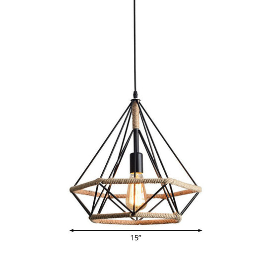 Industrial Bistro Hanging Lamp - Single Bulb Drop Pendant with Diamond Roped Cage in Black - 10"/15"/18" Width