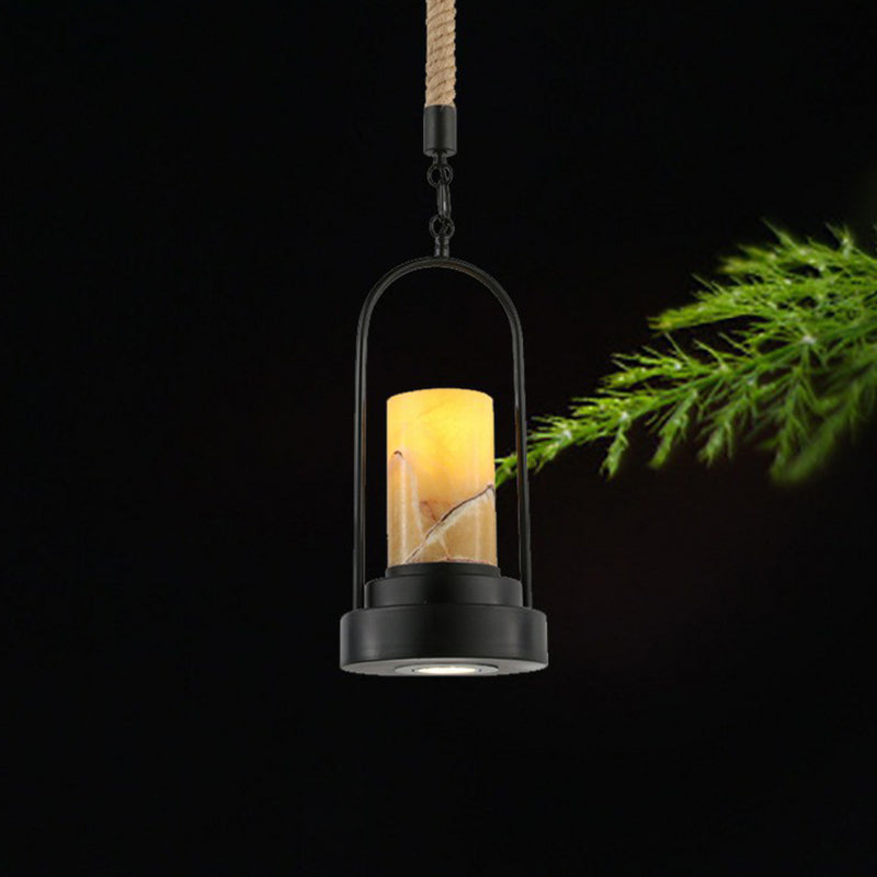 Rustic Marble Pendant Lamp With Faux Candle And Rope Details Black