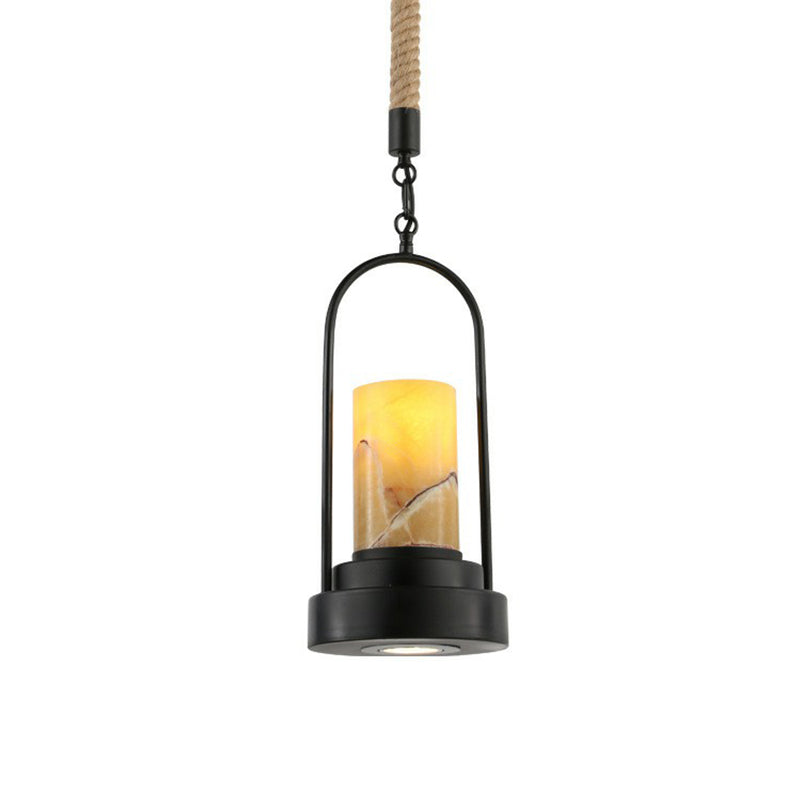 Faux Candle Wine Bar Pendant Lamp - Rural Marble, 1-Light - Black Hanging Light with Arched Frame & Rope Detail