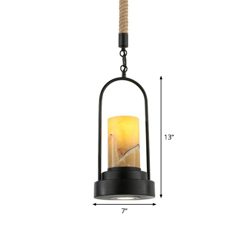 Faux Candle Wine Bar Pendant Lamp - Rural Marble, 1-Light - Black Hanging Light with Arched Frame & Rope Detail