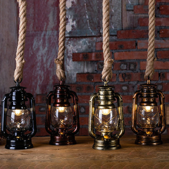 Coastal Clear Glass Kerosene Hanging Lamp With Rope Cord - Copper/Gold/Bronze 1 Bulb Bedside