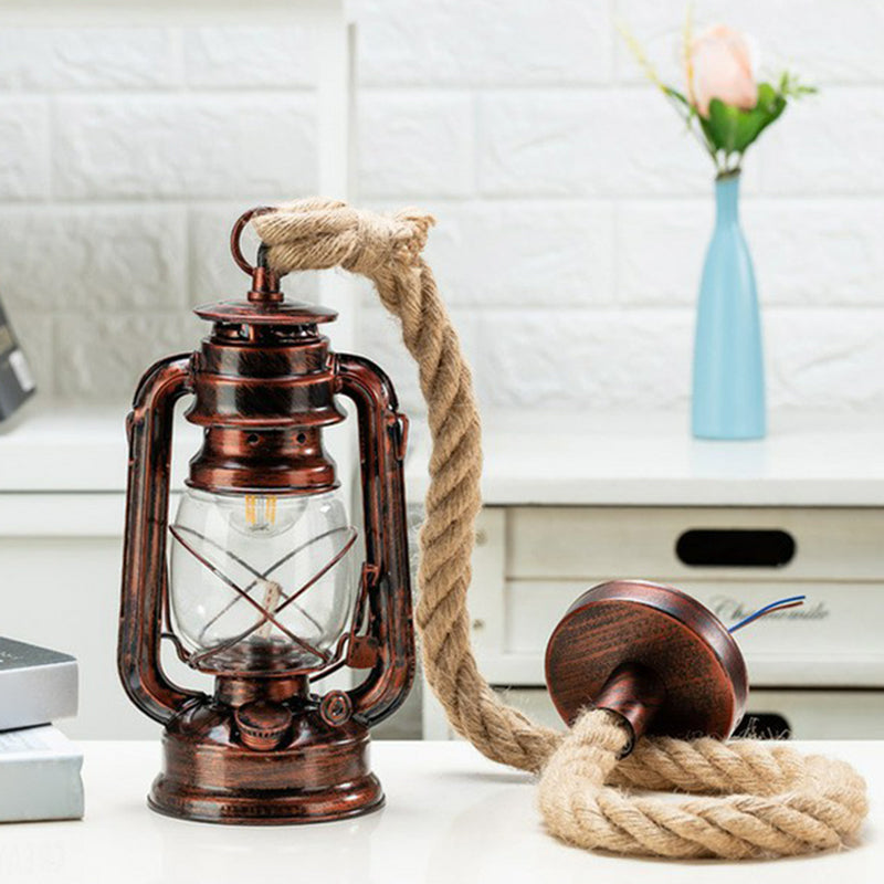 Coastal Clear Glass Kerosene Hanging Lamp With Rope Cord - Copper/Gold/Bronze 1 Bulb Bedside