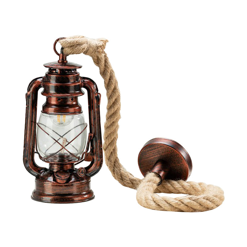 Coastal Clear Glass Kerosene Hanging Lamp With Rope Cord - Copper/Gold/Bronze 1 Bulb Bedside